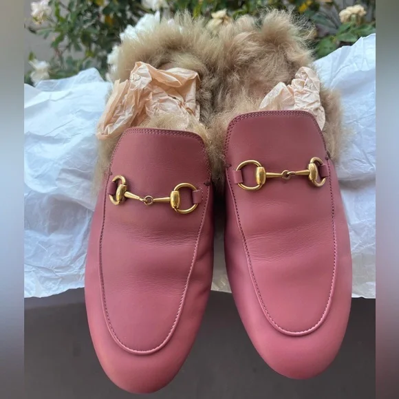 Gucci Pink Leather Fur-Lined Horsebit Mules - Picture 2 of 8